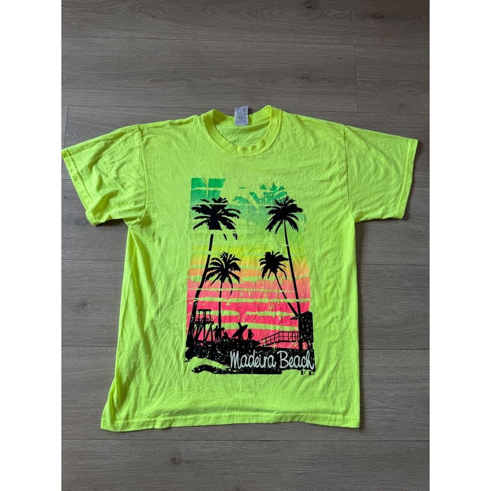 Madeira Beach Florida Neon Green Palm Tree Sunset Beach Graphic T-Shirt